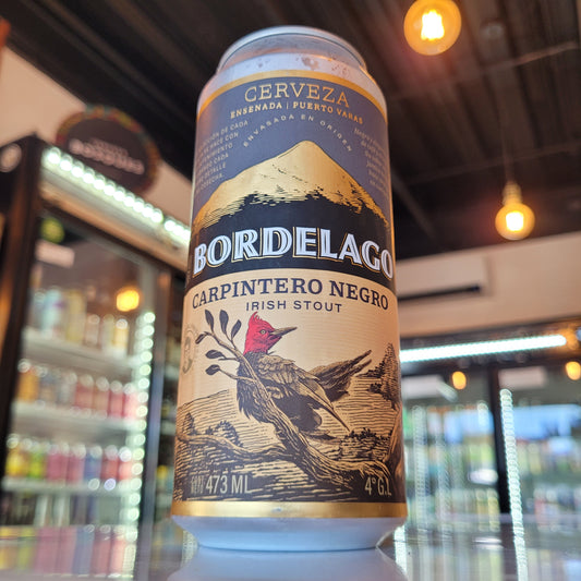 Foto de cerveza artesanal Bordelago Carpintero Negro Irish Stout 473ml en Puerto Cervecero, Puerto Varas.