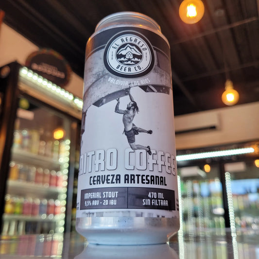 Cerveza artesanal chilena El Regreso Nitro Coffee Imperial Stout 470cc. Disponible en Puerto Cervecero, Puerto Varas Chile.