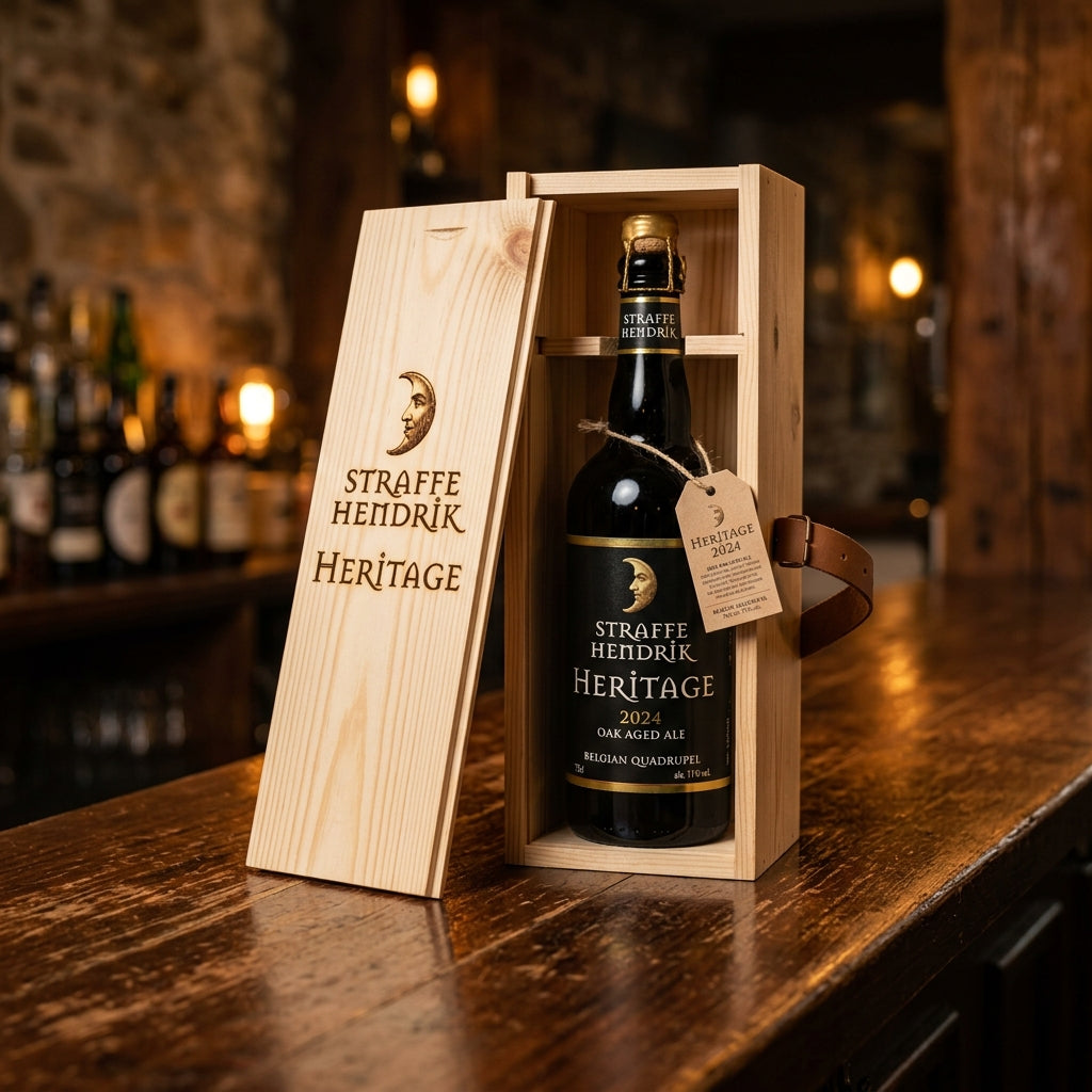 Cerveza de guarda belga Straffe Hendrik Heritage Oak Aged 2024 750ml en estuche de madera - Puerto Cervecero