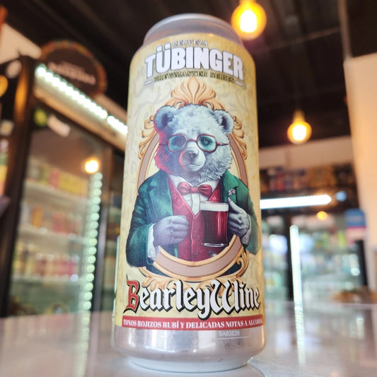 Lata de cerveza artesanal Tübinger Bearly Wine English Barleywine 470cc con 9.3% ABV y 55 IBU en Puerto Cervecero, Puerto Varas
