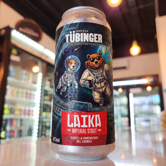 Cerveza artesanal chilena Tübinger Laika Imperial Stout 470cc. Compra online en Puerto Cervecero, Puerto Varas Chile.